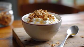 Bowl of yogurt topped with granola and honey on a wooden surface next to a spoon, meal photography photo