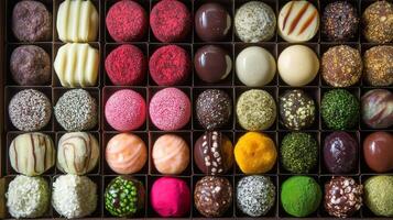 Box of assorted plant-based bonbons arranged in rows, with various shapes and textures, food setting photo