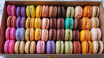 Box filled with neatly lined up macarons in assorted colors, showcasing different fillings, food setting photo