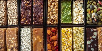 Box of meal replacement bars arranged neatly in rows with clear labeling, food setting photo