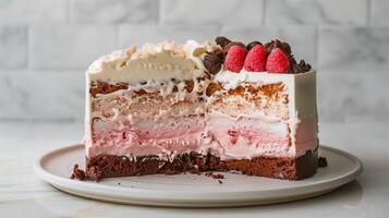Cake on a simple platter showing distinct layers of ice cream and cake, meal photography photo