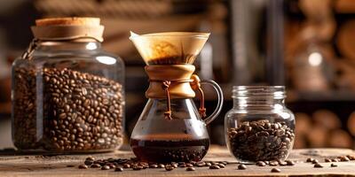 Chemex filled with coffee on a wooden table next to a jar of coffee beans, meal photography photo