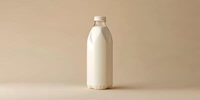 Plastic bottle of kefir with a sealed cap and label, displayed against a neutral backdrop, meal photography photo