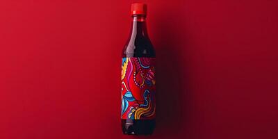 Plastic bottle with a vibrant label, filled with a dark red liquid, meal photography photo