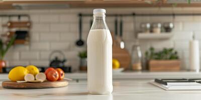 Plastic bottle of yogurt drink with a clear label, standing upright on a kitchen countertop, food setting photo