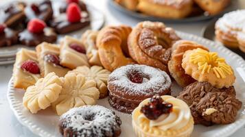 Plate of various traditional European cookies and pastries in different shapes and flavors, meal photography photo