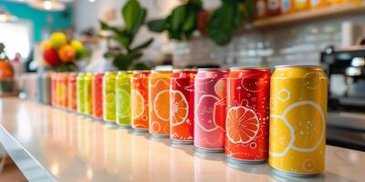 Row of colorful cans with various flavors displayed on a white countertop, meal photography photo