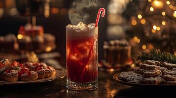 Steaming drink in a tall glass with a peppermint stick, next to holiday treats, meal photography photo