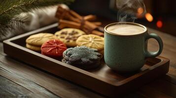 Steaming drink in a cup next to a tray of colorful holiday cookies on a wooden table, food setting photo
