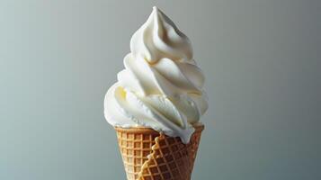 Swirl of soft-serve ice cream in a waffle cone, standing upright, food setting photo