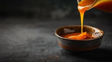 Stream of caramel sauce being poured from a jar into a bowl, meal photography photo