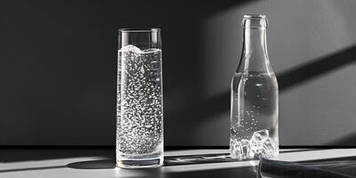 Tall glass containing clear sparkling water with visible bubbles, placed next to a glass bottle, food setting photo