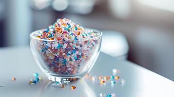 Transparent bowl filled with a mix of small, colorful decorative toppings on a white table, food setting photo