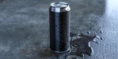 Open energy drink can with visible condensation, placed on a metallic surface with minimal surroundings, food setting photo