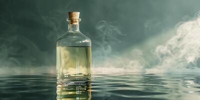 Transparent bottle with cloudy liquid, indicating fermentation, on reflective surface, meal photography photo