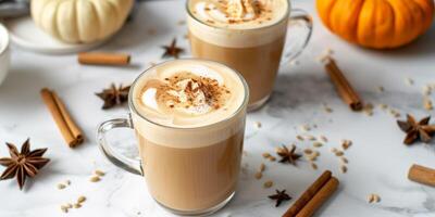 Pumpkin spice lattes in clear mugs placed beside small pumpkins and scattered cinnamon sticks, meal photography photo