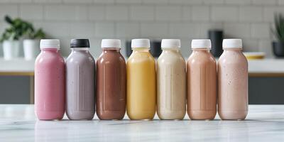 Ready-to-drink meal replacement shakes in uniform bottles lined up on clean surface, food setting photo