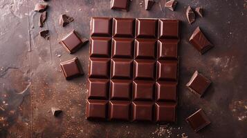 Plain chocolate bar laid flat on a surface, clearly divided into several equally sized squares, meal photography photo