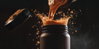 Protein shake powder being poured into a shaker bottle, with the lid open beside it, food setting photo