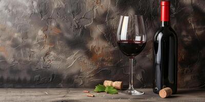 Red wine in a glass, positioned beside an uncorked bottle and a cork on a table, meal photography photo