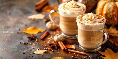 Pumpkin spice lattes in glass cups on a table, surrounded by autumn leaves and whole spices, food setting photo