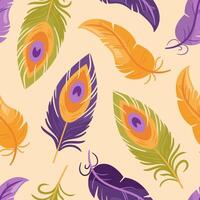 A vibrant, featuring multicolored peacock and parrot feathers in a bohemian style. This illustration highlights intricate details and fluid shapes, perfect for artistic projects or home decor. vector