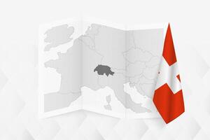 A grayscale map of Switzerland with a hanging Swiss flag on one side. Map for many types of news. vector