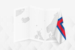 A grayscale map of Faroe Islands with a hanging Faroe Islands flag on one side. Map for many types of news. vector
