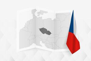 A grayscale map of Czech Republic with a hanging Czech flag on one side. Map for many types of news. vector