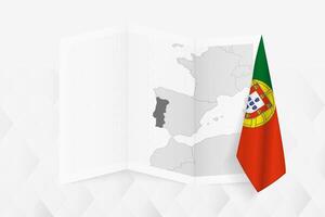 A grayscale map of Portugal with a hanging Portuguese flag on one side. Map for many types of news. vector
