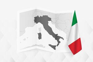 A grayscale map of Italy with a hanging Italian flag on one side. Map for many types of news. vector