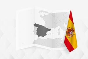 A grayscale map of Spain with a hanging Spanish flag on one side. Map for many types of news. vector