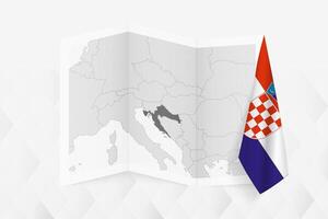 A grayscale map of Croatia with a hanging Croatian flag on one side. Map for many types of news. vector