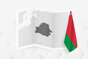 A grayscale map of Belarus with a hanging Belarusian flag on one side. Map for many types of news. vector