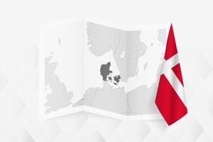 A grayscale map of Denmark with a hanging Danish flag on one side. Map for many types of news. vector