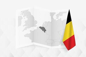 A grayscale map of Belgium with a hanging Belgian flag on one side. Map for many types of news. vector