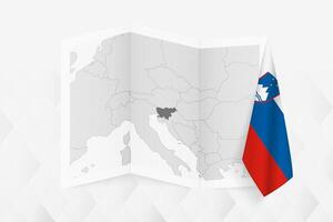 A grayscale map of Slovenia with a hanging Slovenian flag on one side. Map for many types of news. vector