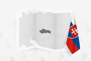 A grayscale map of Slovakia with a hanging Slovakian flag on one side. Map for many types of news. vector