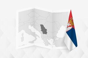 A grayscale map of Serbia with a hanging Serbian flag on one side. Map for many types of news. vector