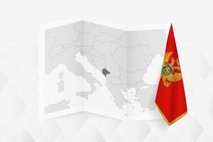 A grayscale map of Montenegro with a hanging Montenegrin flag on one side. Map for many types of news. vector