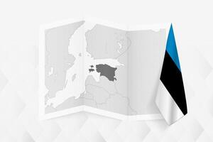 A grayscale map of Estonia with a hanging Estonian flag on one side. Map for many types of news. vector