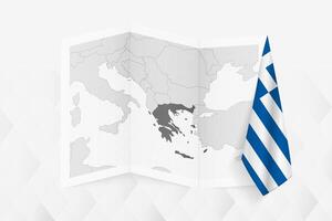 A grayscale map of Greece with a hanging Greek flag on one side. Map for many types of news. vector