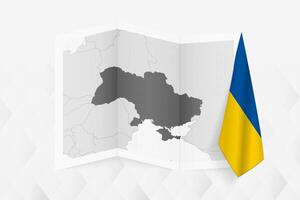 A grayscale map of Ukraine with a hanging Ukrainian flag on one side. Map for many types of news. vector