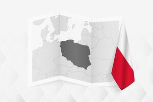 A grayscale map of Poland with a hanging Polish flag on one side. Map for many types of news. vector