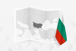 A grayscale map of Bulgaria with a hanging Bulgarian flag on one side. Map for many types of news. vector