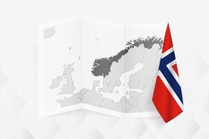 A grayscale map of Norway with a hanging Norwegian flag on one side. Map for many types of news. vector