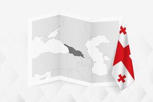 A grayscale map of Georgia with a hanging Georgian flag on one side. Map for many types of news. vector