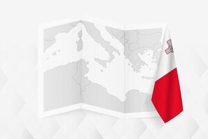 A grayscale map of Malta with a hanging Maltese flag on one side. Map for many types of news. vector