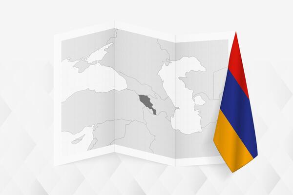 A grayscale map of Armenia with a hanging Armenian flag on one side. Map for many types of news.