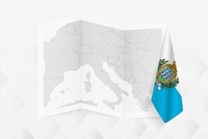 A grayscale map of San Marino with a hanging San Marinese flag on one side. Map for many types of news. vector